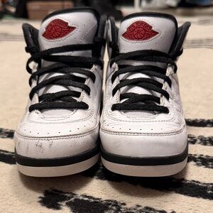 Boys Air Jordan 2 White and Red High-Top Sneakers with Black Trim 13C